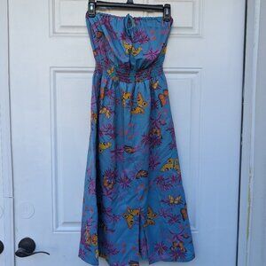 Vintage 70s Floral Butterfly Blue Strapless Dress Summer Vacation Small Byer Too